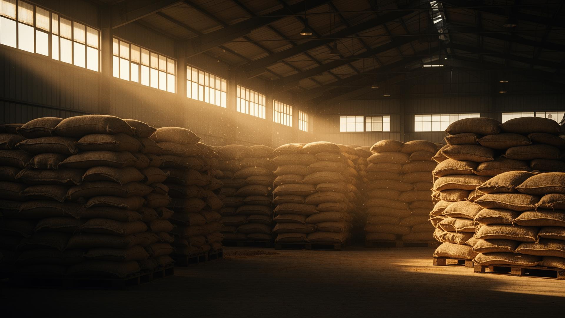 Export warehouse interior with stacked commodity sacks at origin