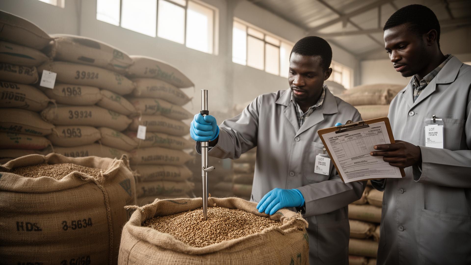 Veleris quality control inspector drawing a sample with a stainless steel grain probe from a jute commodity sack while a colleague records lot documentation in an East African export warehouse
